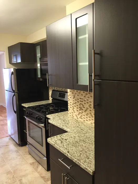 Modern kitchen featuring sleek dark cabinets, stainless steel appliances, and elegant granite countertops.