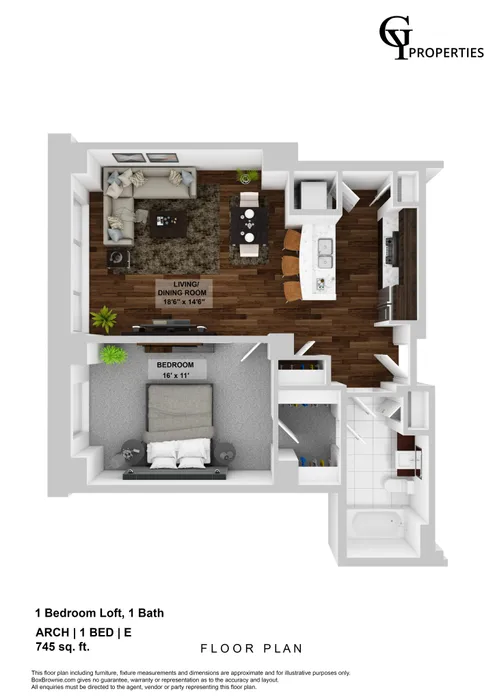 Chic 1-bedroom loft floor plan with a spacious living and dining area, modern kitchen, and cozy bedroom in 745 sq ft.