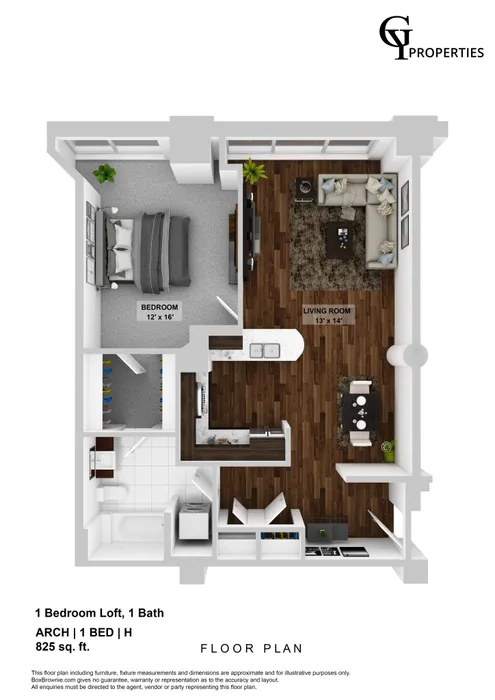 Elegant 1 bedroom loft floor plan with spacious living room, modern kitchen, and stylish bathroom, covering 825 sq ft.