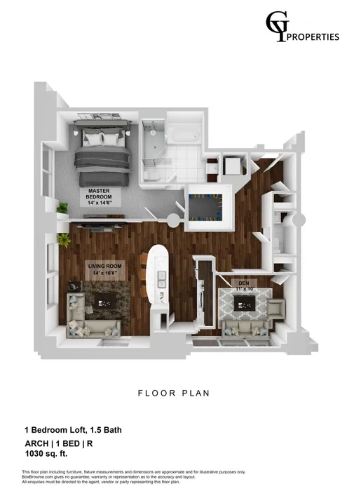 Elegant floor plan featuring 1 bedroom loft with 1.5 baths, spacious living room, and extra den space, 1030 sq. ft.