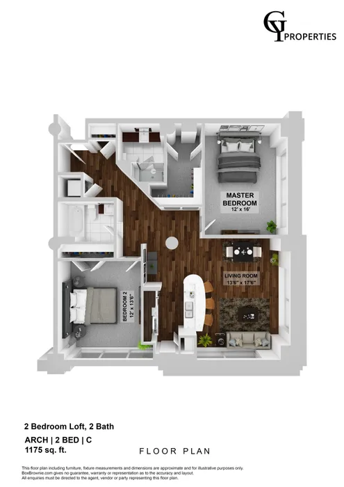 Modern 2 bedroom loft apartment floor plan with 2 bathrooms, open living space, and a stylish kitchen, spanning 1175 sq. ft.