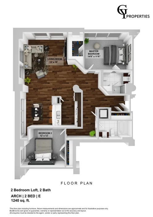 Modern floor plan showcasing a spacious 2 bedroom, 2 bath loft with open-concept living and kitchen area, featuring sleek wood flooring and contemporary design elements, totaling 1240 sq. ft.