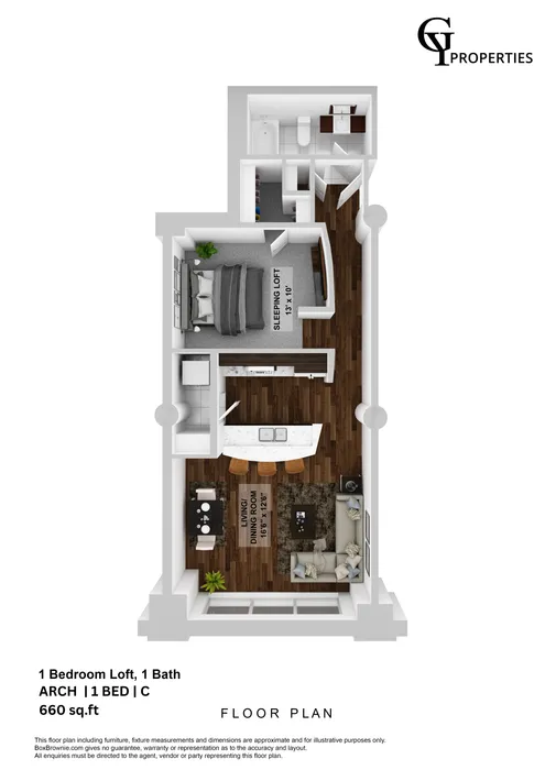 Contemporary 1 bedroom loft floor plan featuring an open-concept living and dining area with a modern kitchen. Includes 1 bath, spanning 660 sq ft.