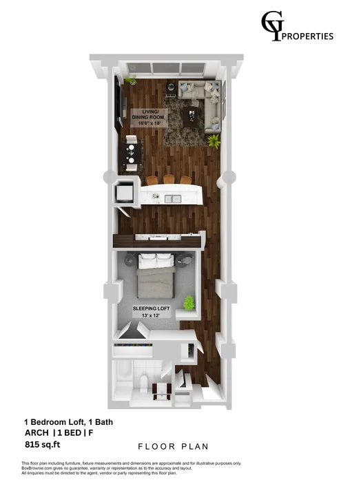 Modern 1-bedroom loft floor plan featuring an open living and dining area, sleek kitchen island, and stylish sleeping loft, spanning 815 sq ft.