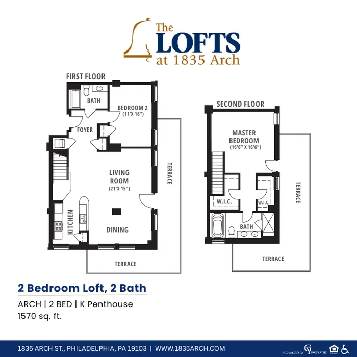 Elegant 2-bedroom, 2-bath loft floor plan at The Lofts at 1835 Arch. Features include spacious living and dining areas, kitchen, and large terraces on both floors. Total area of 1570 sq. ft. in a prime Philadelphia location.