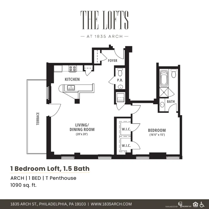 Modern 1-bedroom loft floor plan at The Lofts, featuring a spacious living/dining room, gourmet kitchen, and terrace, totaling 1090 sq. ft. in Philadelphia.