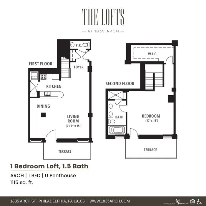 Chic two-story penthouse floor plan showcasing a spacious bedroom, 1.5 baths, open living and dining area, modern kitchen, and two inviting terraces.