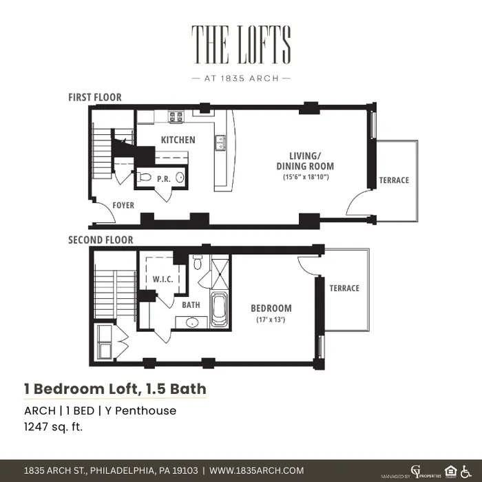 Stylish loft floor plan featuring 1 bedroom, 1.5 baths, open living and dining area, spacious terraces, and a modern kitchen. Located at The Lofts, 1247 sq. ft.