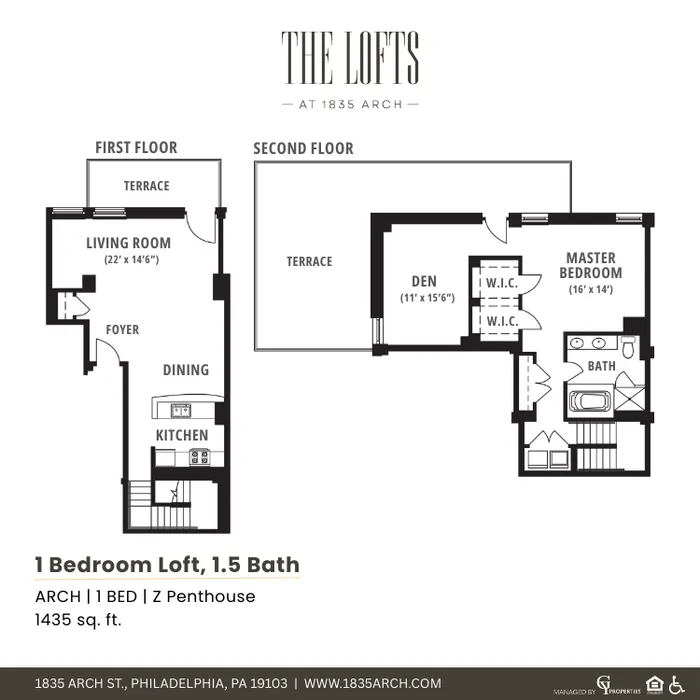 Luxurious 1-bedroom loft floor plan featuring a spacious living room, elegant dining area, modern kitchen, and expansive terraces on both floors. Includes a master bedroom with walk-in closets and a versatile den, totaling 1435 sq ft.