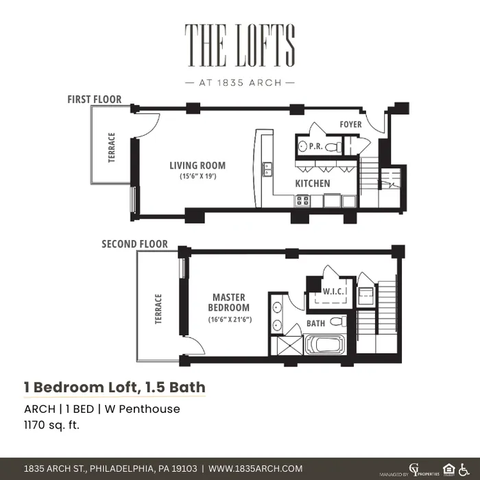 Chic 1-bedroom loft floor plan with 1.5 baths, featuring open living room, modern kitchen, and spacious master with terrace in Philadelphia, 1170 sq ft.
