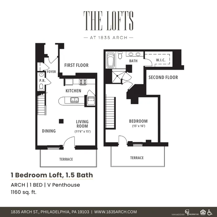 Elegant 1-bedroom loft floor plan with 1.5 baths, showcasing a spacious living area, modern kitchen, and private terraces on both floors, located in the heart of Philadelphia at 1835 Arch Street.