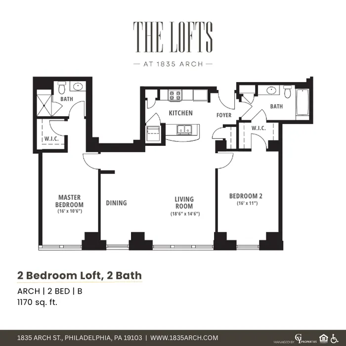 Modern 2 bedroom loft floor plan at The Lofts featuring a spacious living room, open kitchen, and two bathrooms, totaling 1170 sq. ft.