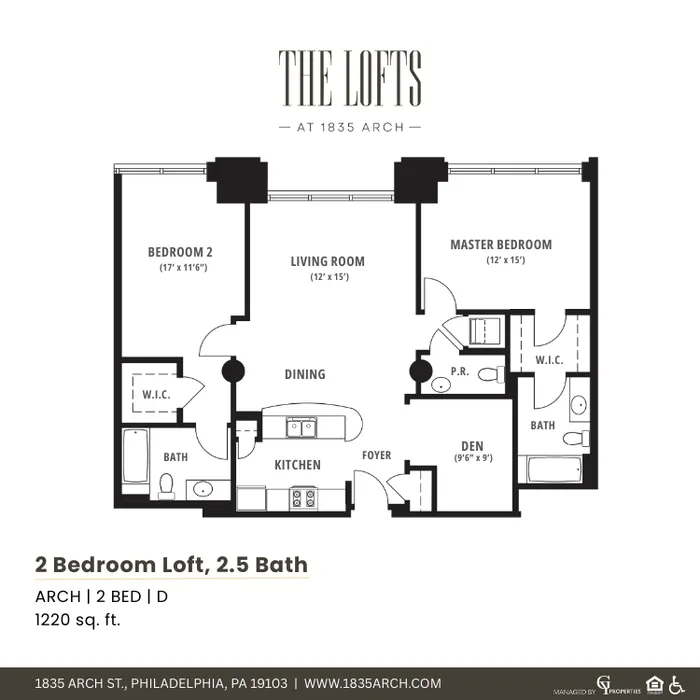 Modern 2-bedroom, 2.5-bath loft floor plan at The Lofts, featuring spacious living and dining areas, master suite, and den, totaling 1,220 sq ft in Philadelphia.