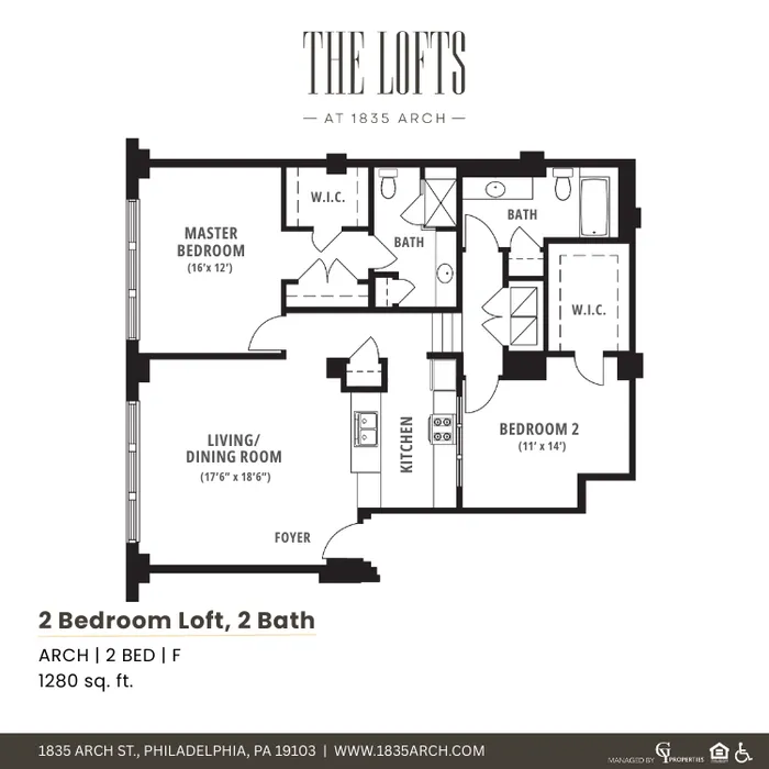 The Lofts at 1835 Arch floor plan of a spacious 1280 sq ft 2-bedroom, 2-bath loft featuring a master bedroom with walk-in closet, open-concept living and dining area, modern kitchen, and ample storage.