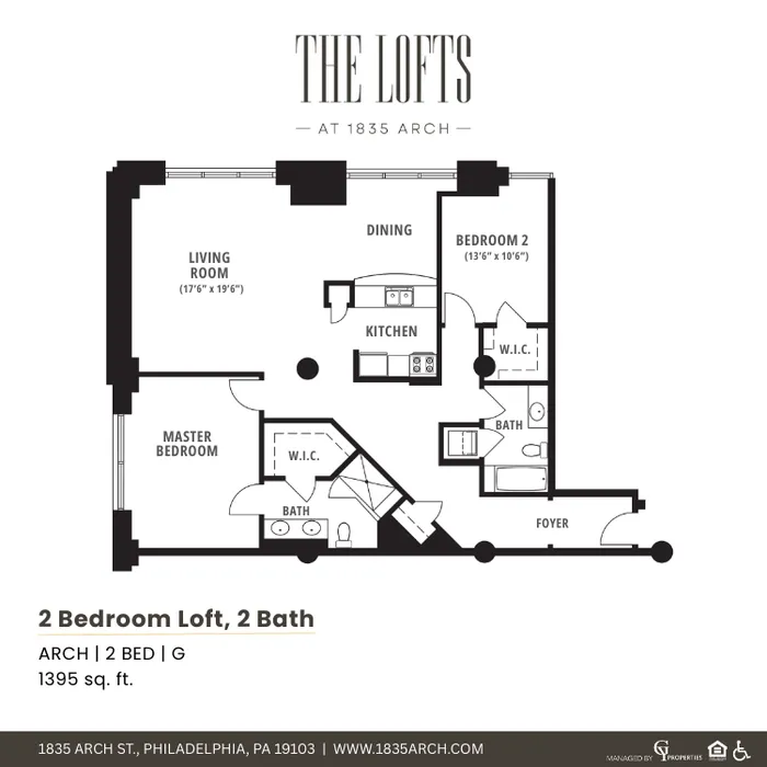Chic floor plan of The Lofts at 1835 Arch featuring 2 bedrooms, spacious living room, and modern kitchen, totaling 1395 sq. ft.