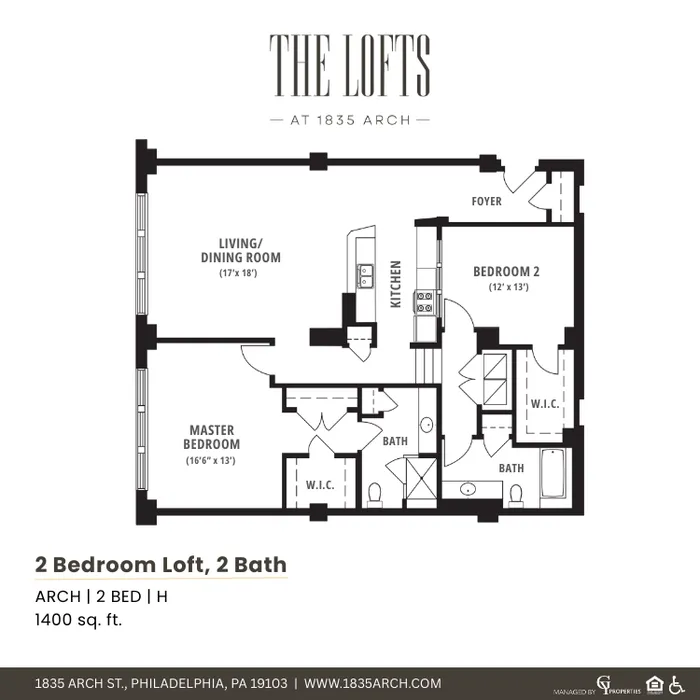 Modern 2-bedroom loft with spacious living/dining area and open kitchen layout at The Lofts, 1835 Arch, Philadelphia.