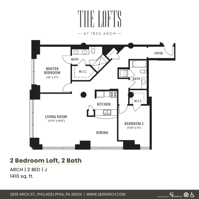 The Lofts at 1835 Arch floor plan displaying a spacious 2 bedroom, 2 bath layout with open living room, modern kitchen, and dining area, encompassing 1410 sq. ft.