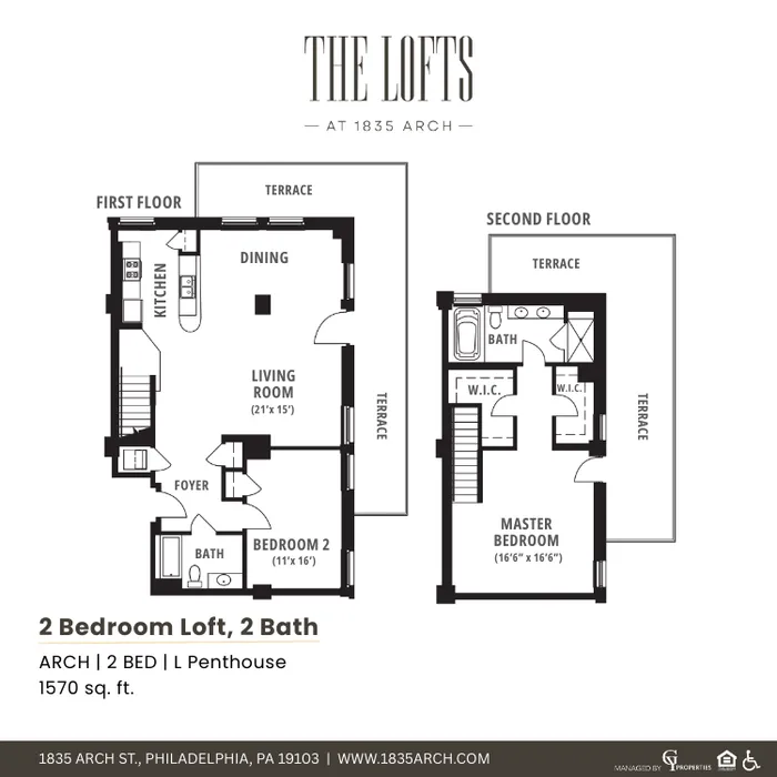 Elegant 2 bedroom loft floor plan featuring expansive living room, open dining area, and terraces on both floors in luxurious Philadelphia penthouse, 1570 sq ft.