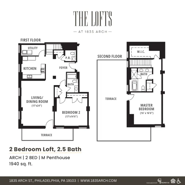 Luxurious 2-bedroom loft with 2.5 baths, featuring a spacious living/dining area, modern kitchen, and elegant master suite. 1940 sq. ft. penthouse at 1835 Arch, Philadelphia.