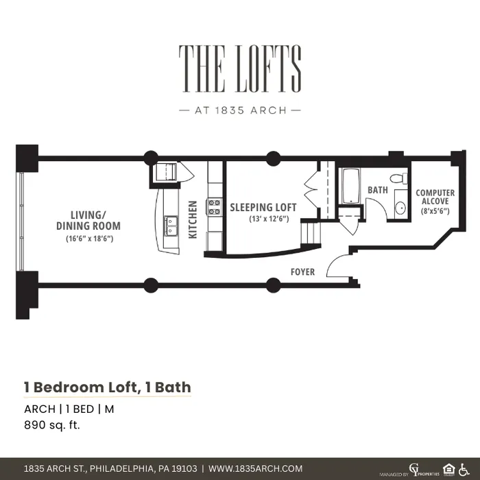 Modern 1 bedroom loft floor plan with spacious living and dining area, kitchen, sleeping loft, and computer alcove at The Lofts, 1835 Arch, Philadelphia, 890 sq. ft.