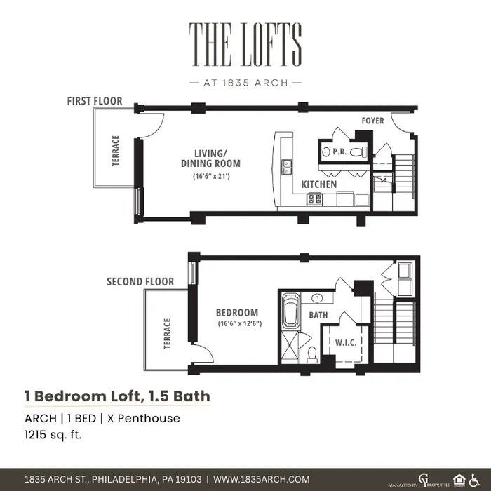 Elegant two-story loft floor plan showcasing a 1-bedroom, 1.5-bath layout with spacious living/dining area, modern kitchen, and private terraces at The Lofts, 1835 Arch Street, Philadelphia.