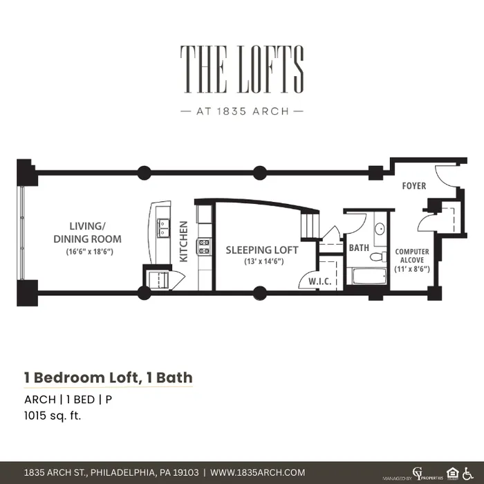 Chic 1-bedroom loft floor plan featuring a spacious living/dining room, modern kitchen, and cozy sleeping loft at The Lofts, Philadelphia, 1015 sq. ft.