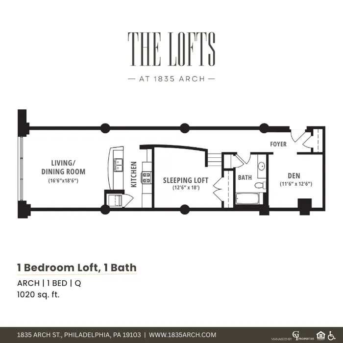 Chic loft floor plan featuring a spacious 1-bedroom, open living/dining area, cozy den, and modern bath over 1020 sq ft.