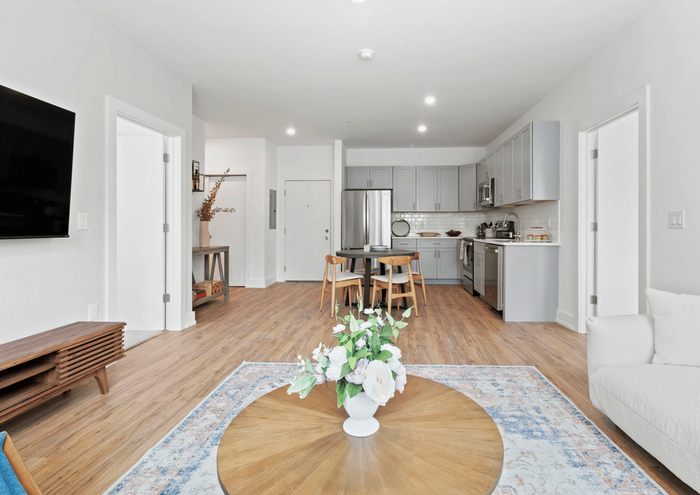 Bright, open-concept apartment living room with modern kitchen, stylish wood flooring, and elegant decor.