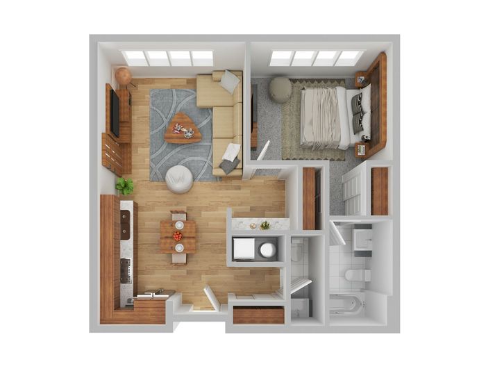 Top-down view of a one-bedroom apartment with an open living area, modern kitchen, and a comfortably arranged bathroom.
