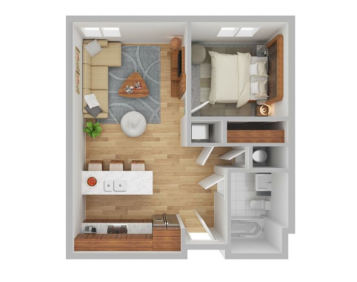 Charming floor plan of a one-bedroom apartment with an open living area, modern kitchen, and bathroom.