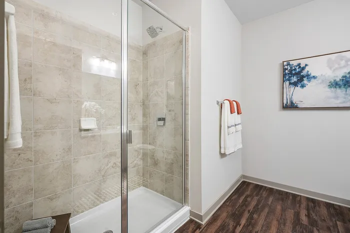 Elegant bathroom with a modern glass shower, chic tile walls, and tasteful art, providing a luxurious and serene atmosphere.