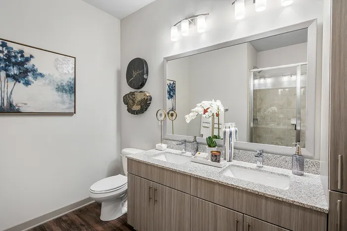 Elegant modern bathroom with dual sinks, chic decor, and a large mirror reflecting natural light, creating a serene and sophisticated atmosphere.