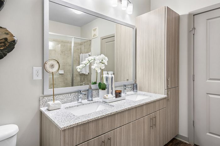 Luxurious bathroom featuring a sleek double vanity with modern fixtures, elegant granite countertop, and chic cabinetry adorned with a beautiful orchid.