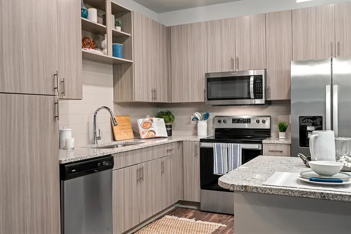 Modern kitchen with sleek gray cabinets, stainless steel appliances, and granite countertops, perfect for culinary enthusiasts.