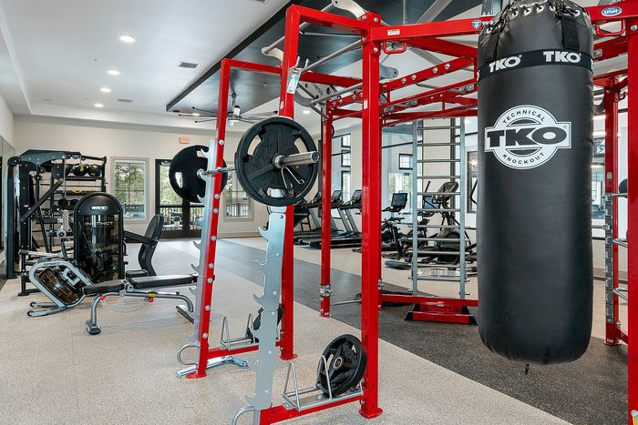 Modern fitness center featuring state-of-the-art gym equipment including a red weightlifting station and a TKO punching bag for an invigorating workout experience.