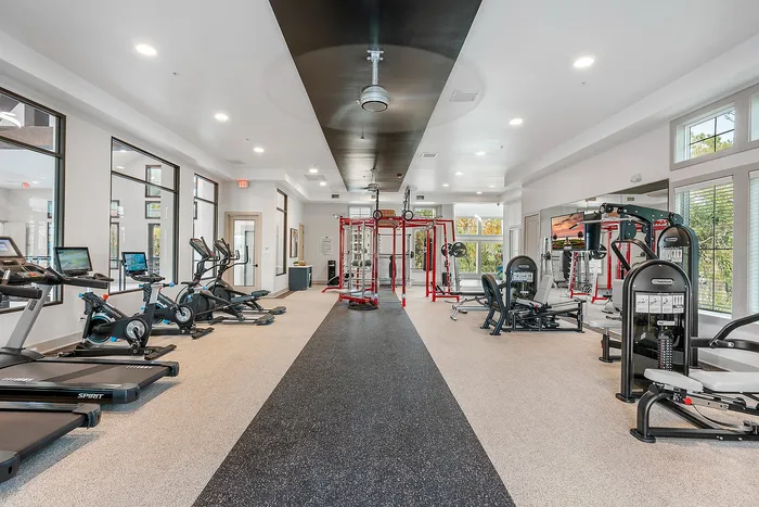 Modern fitness center with state-of-the-art equipment, including treadmills, stationary bikes, and strength machines, bathed in natural light.