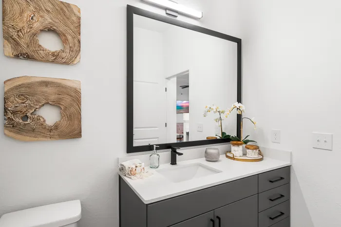 Modern bathroom with elegant black-framed mirror, chic gray vanity, and stylish decor pieces including wooden wall art and a lush orchid plant.