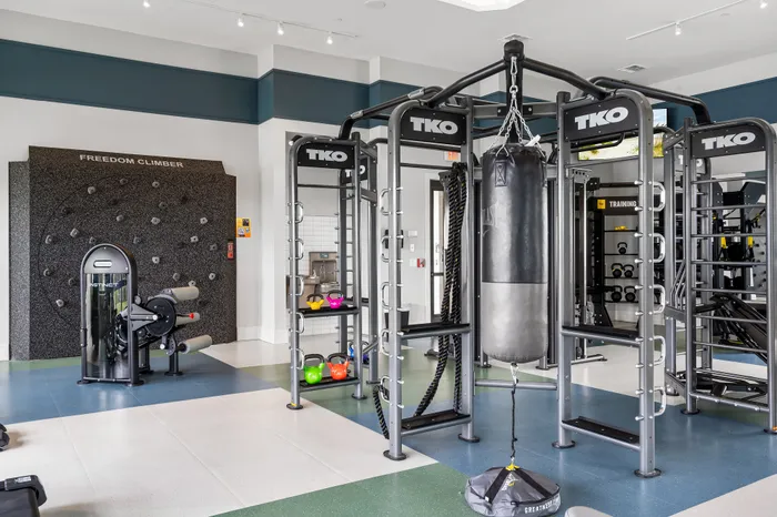 Modern gym featuring advanced workout equipment, climbing wall, and vibrant kettlebell collection.