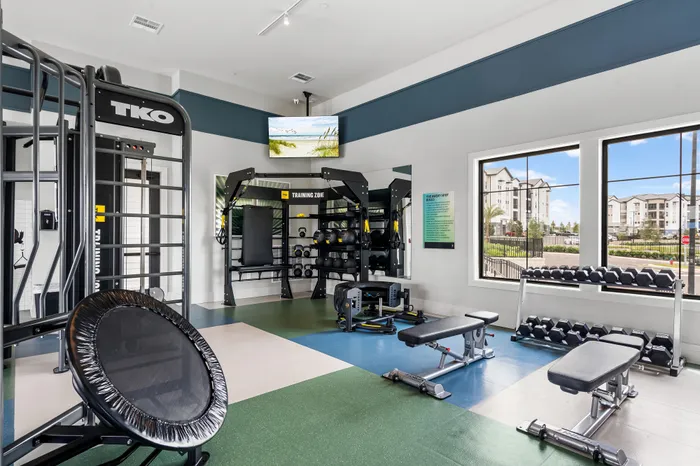 Modern fitness center with state-of-the-art equipment and bright windows offering scenic views.