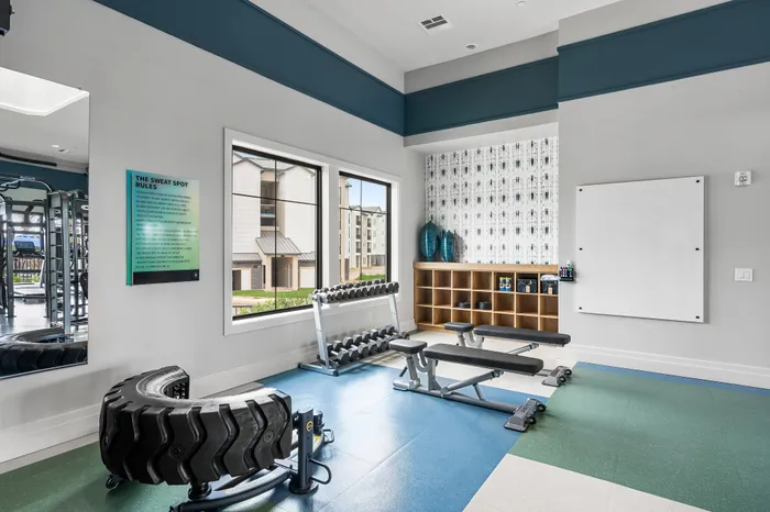 Modern gym space featuring a variety of fitness equipment, including weights, benches, and unique tire workout gear, set in a bright room with elegant décor and large windows.