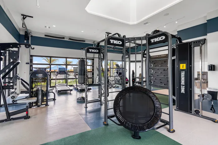 Contemporary fitness center equipped with treadmills, strength training stations, and vibrant natural light for an energetic workout environment.