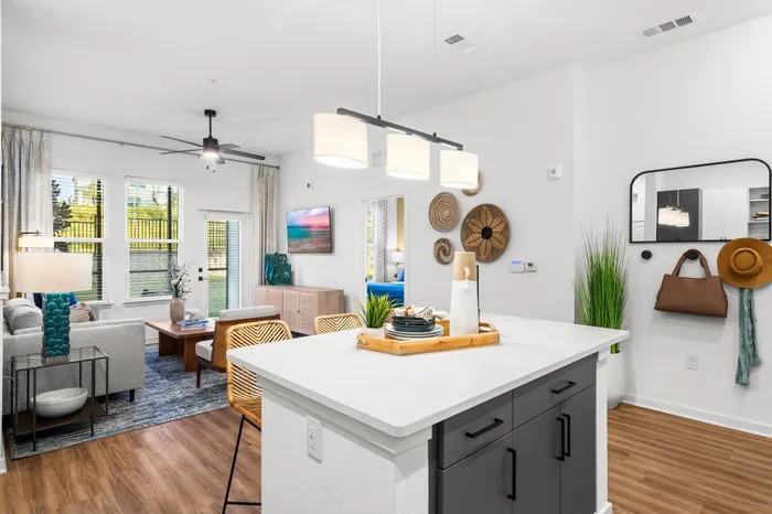 Bright and modern open-concept apartment featuring a stylish living area with natural light, elegant kitchen island, chic decor, and cozy seating ideal for relaxation and entertaining.