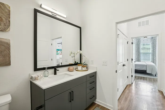 Elegant bathroom with modern vanity, large mirror, and view into a sunlit bedroom with hardwood floors.
