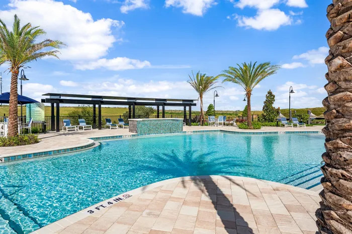 Luxurious outdoor pool area with inviting sun loungers, swaying palm trees, and a serene blue sky backdrop.
