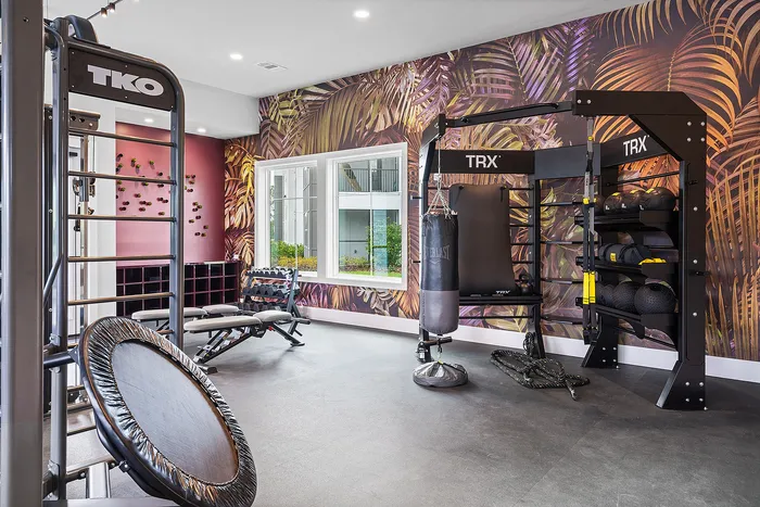 Modern home gym with TRX equipment, colorful leaf mural, and natural light for an invigorating workout experience.