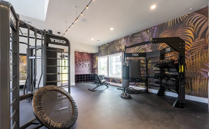 Modern apartment fitness center with vibrant botanical wallpaper, featuring TRX equipment, a punching bag, and a trampoline for an energetic workout experience.