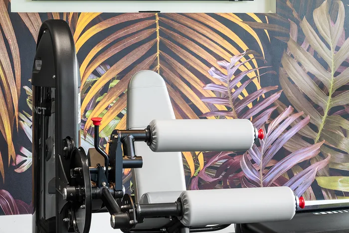 Elegant gym setup featuring modern fitness equipment against a vibrant tropical-themed wall.