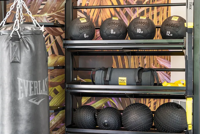 Engage in ultimate fitness with a stylish gym storage setup featuring a punching bag, medicine balls, and TRX equipment against a vibrant, tropical-themed backdrop.