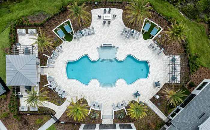 Luxurious aerial view of an inviting resort-style pool with elegant lounge area surrounded by lush landscaping and palm trees.