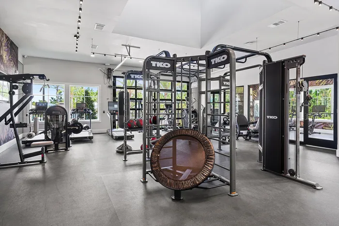 Modern gym space featuring state-of-the-art fitness equipment, high ceilings, and large windows with scenic views, ideal for an energizing workout experience.